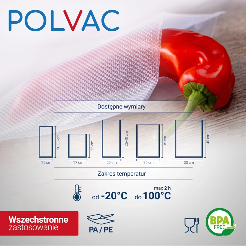 Tabela wymiarów worków moletowanych POLVAC: 15x20-35cm, 17x25cm, 20x25-40cm, 25x35cm oraz 30x40cm. 100szt