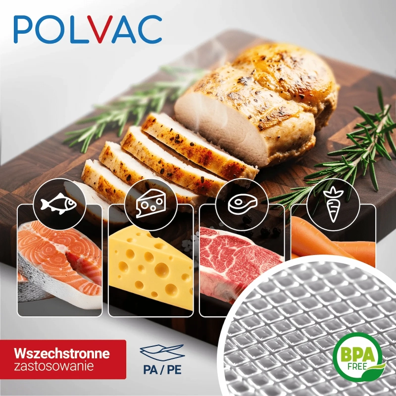Worki moletowane POLVAC  do pakowania próżniowego żywności. Idealne do serów, wędlin i warzyw 15x25cm 100 sztuk
