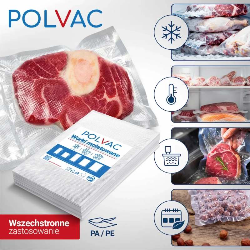 Zastosowanie woreczków moletowanych POLVAC do pakowarek próżniowych przeznaczonych do  mrożenia, gotowania Sous Vide oraz 300szt 15x25cm