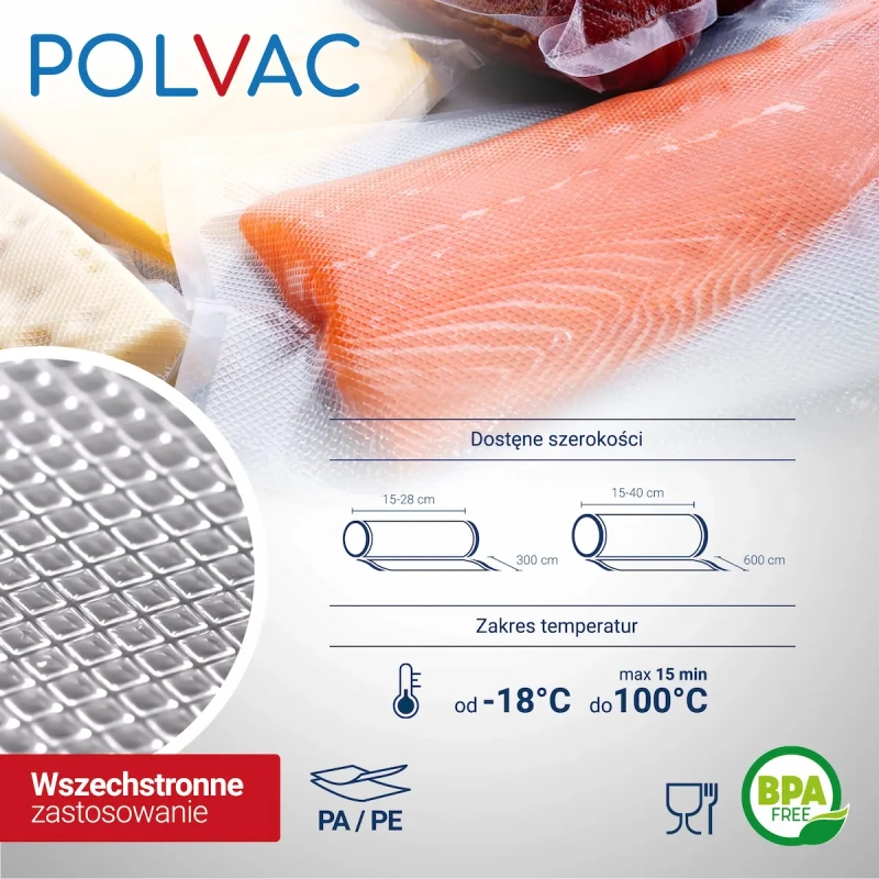 Folia moletowana 25x600 do pakowania próżniowego POLVAC – molet jednostronny, zakres temperatur -18°C do 100°C