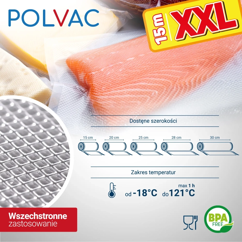Folia do zgrzewarki próżniowej Polvac  28x1500 cm XXL z certyfikatem BPA Free przy pakowaniu łososia