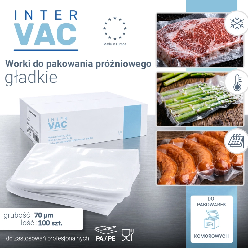 Gładkie worki próżniowe Inter Vac do pakowarek komorowych – pakowanie mięsa, warzyw i wędlin 350x450mm